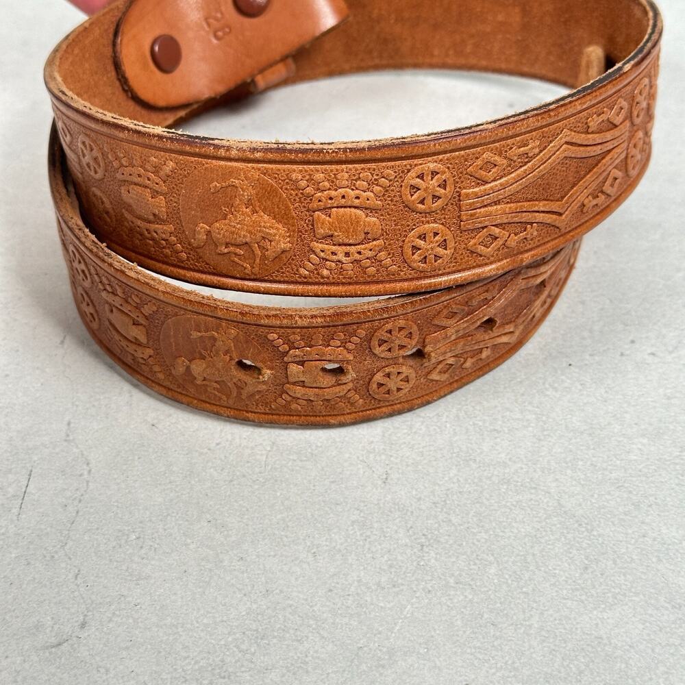 VTG Rockmount Ranch Wear Belt Womens 28 Brown Hand-Tooled Southwestern Aztec